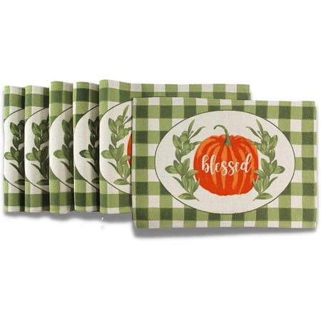 Serafina Home Farmhouse Placemats, Set of Six (6) Woven Country Pumpkin Blessed Print, for Holiday's, Thanksgiving, Autumn and Fall