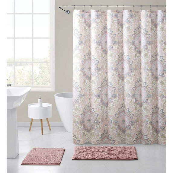 Serafina Home Floral Damask Fabric Shower Curtain: Soft Blush Pink Yellow Grey White