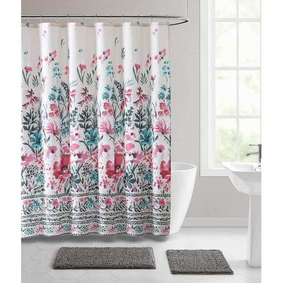 Serafina Home Floral Fabric Pink Shower Curtain with Border Design, Colors: Beige Teal Blue Red Pink Grey Black