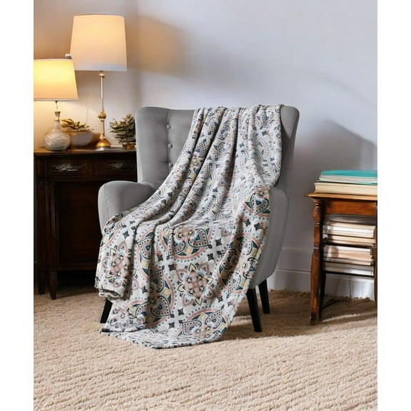 Serafina Home Decorative Throw Blanket: Colorful Floral Medallion Design Accent for Couch or Bed, Colors: Coral Blush, Yellow, Beige