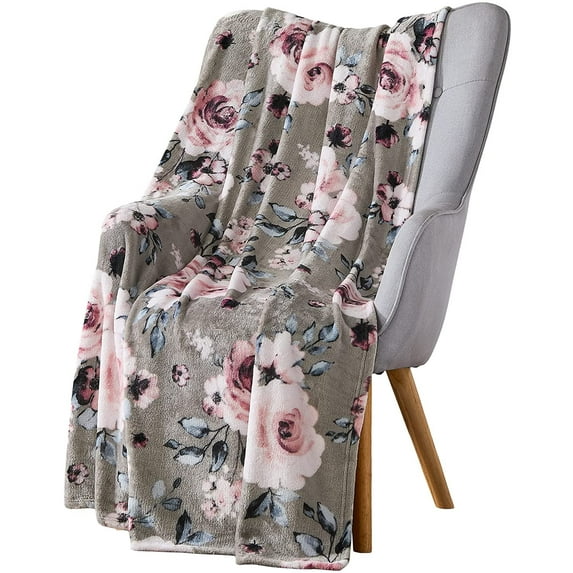 Serafina Home Floral Throw Blankets: Soft Plush Fleece Grey White Pink Rose Floral Accent for Sofa Couch Chair Bed or Dorm