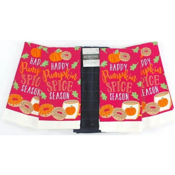 Serafina Home Fun Fall Decor Kitchen Dish Towels Set: Happy Pumpkin Spice Season with Coffee and Doughnuts