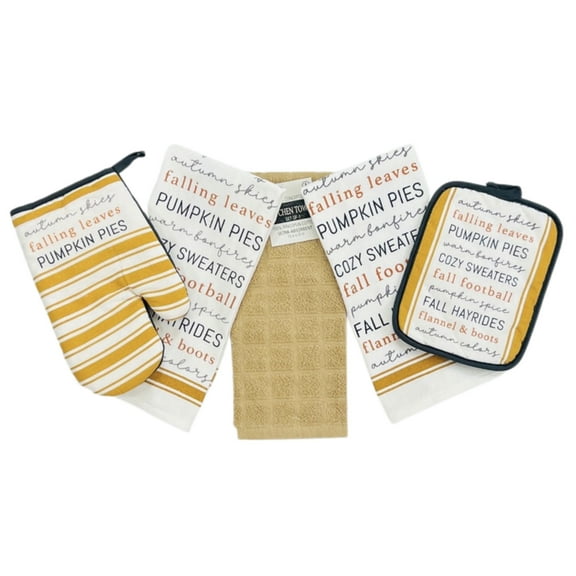 Serafina Home 5-Piece Farmhouse Football Gold Fall Words Fabric Kitchen Linen Set