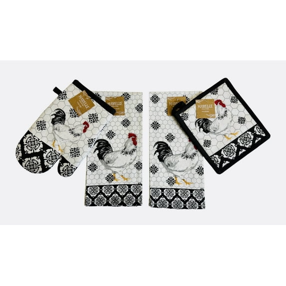 Serafina Home Fun Novelty Rooster Kitchen Dish Towels And Potholder/Ovenmitt: Modern Farmhouse Roosters with Country Black White Gingham
