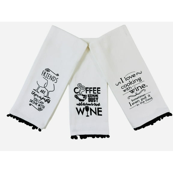 Serafina Home Fun Novelty Wine Themed Oversized Herringbone Kitchen Towels With Black Pom Poms