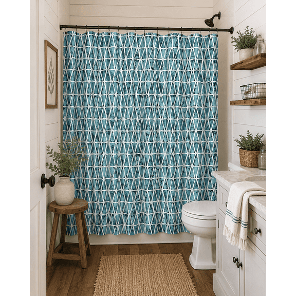 Serafina Home Geometric Camouflage Fabric Blue and White Shower Curtain for Bathroom: Teal Blue Navy