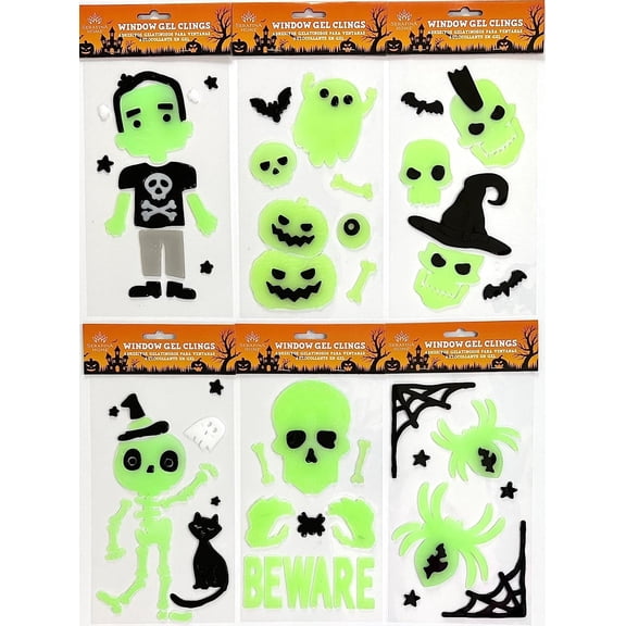 Serafina Home Glow in The Dark Halloween Window Gel Clings: Ghosts Dracula Skeletons Skulls Spiders Jack O Lanterns Pumpkins Decorations for Home Office Business Windows