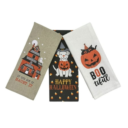 Serafina Home Halloween Kitchen Towel Set: Fun Spooky Haunt It Bootiful Happy Halloween Black White Beige Towels, 15" x 25" (Haunt It 2)