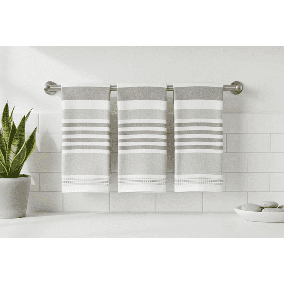 Serafina Home Gray And White Kitchen Hand Dish Towels: Oversized 28" x 18", 100% Cotton Cloth Soft Cleaning Drying Absorbent Striped Design, Set of 3 Multipurpose for Everyday Use