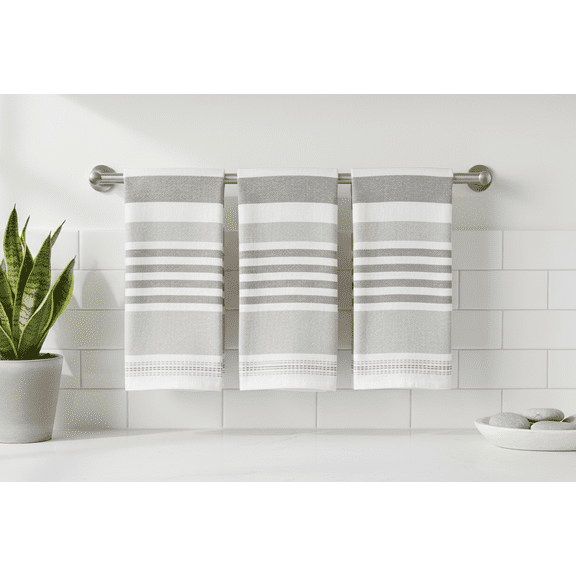 Serafina Home Gray And White Kitchen Hand Dish Towels: Oversized 28" x 18", 100% Cotton Cloth Soft Cleaning Drying Absorbent Striped Design, Set of 3 Multipurpose for Everyday Use