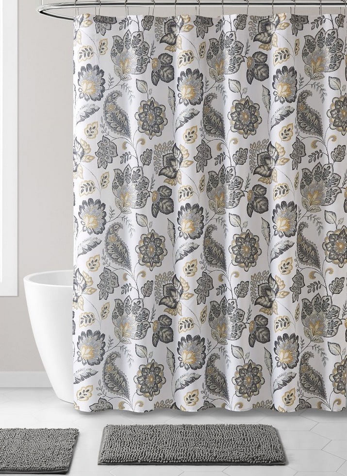 Serafina Home Gray and Yellow Floral Shower Curtain for Bathroom