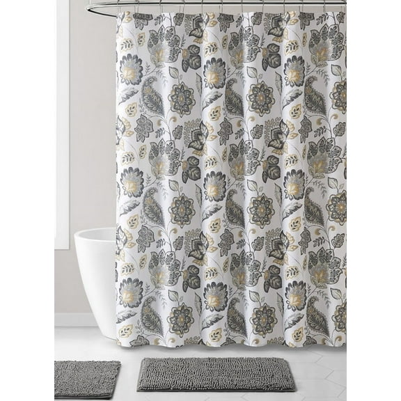 Serafina Home Gray and Yellow Floral Shower Curtain for Bathroom: Botanical Sketch