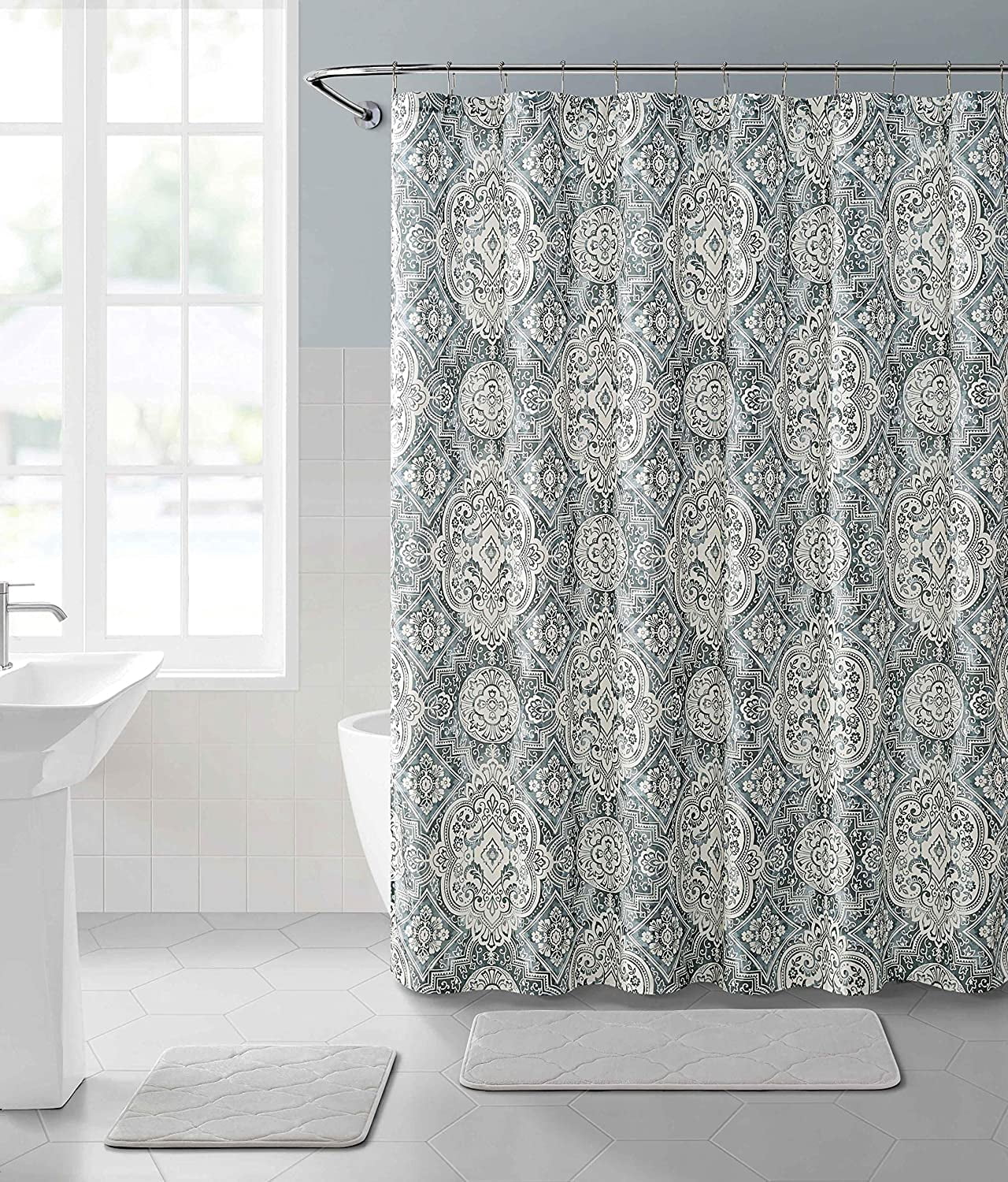 Serafina Home Grey White Fabric Shower Curtain Diamond Floral Damask