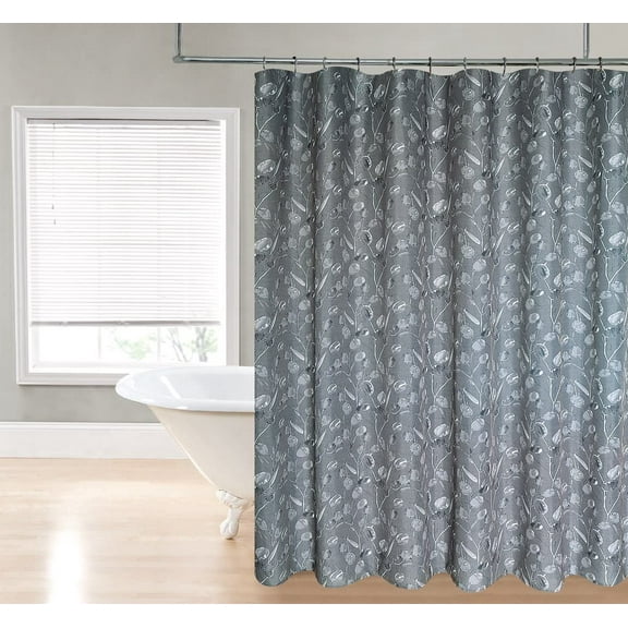 Serafina Home Hadley Gray Floral Leaves Fabric Shower Curtain