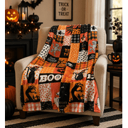 Serafina Home Halloween Blanket Throw: Modern Patch Witch Spooky Jack O Lantern Pumpkins Candy Corns Print on Soft Velvet Fleece for Sofa Bed Couch Chair or Dor