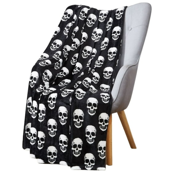 Serafina Home Halloween Blanket Throw: White Skulls on Black Fleece Extra Large 70 x 50 for Sofa Bed Couch Chair Dorm