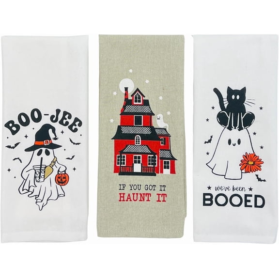 Serafina Home Haunted Halloween Kitchen Bathroom Hand Dish Towel Set: Boo-JEE Ghost, If You Got It Haunt It, We've Been Booed Designs, 100% Cotton Towels, 3 Pc Set, Measures 15" x 25"