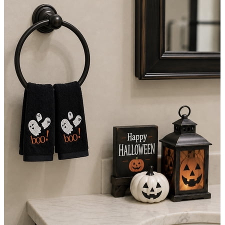 Serafina Home Halloween Bathroom Fingertip Towels Set of 2 - Boo Spooky Ghost Family Design- Black Soft 100% Cotton 12"x 18"Decorative Bath Fall Decor