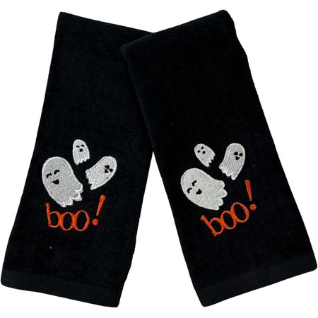 Serafina Home Halloween Bathroom Fingertip Towels Set of 2 - Boo Spooky Ghost Family Design- Black Soft 100% Cotton 12"x 18"Decorative Bath Fall Decor
