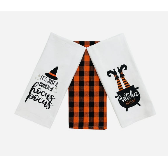 Serafina Home Haunted Halloween Kitchen Dish Towel Set: Hocus Pocus and Witch Cauldron Designs, Orange Black Gingham Towel, Measures 15" x 25"