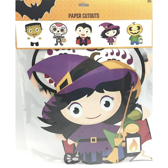 Serafina Home Halloween Fun Pack Paper Cutouts: Frankenstein, Sugar Skull, Vampire, Witch, and Pumpkin Head, 5 Pack