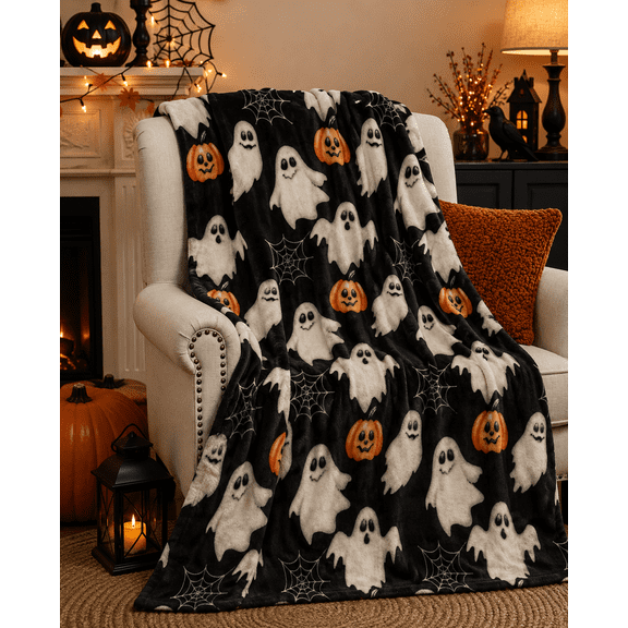 Serafina Home Halloween Throw Blanket: Jack O Lantern Pumpkins White Ghosts and Spiderwebs on Soft Black Velvet Fleece for Sofa, Couch, Chairs and Bed
