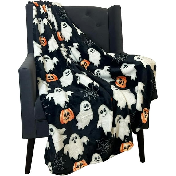Serafina Home Halloween Ghosts, Jack O' Lantern And Spider Web Halloween Throw Blanket, 50" x 70"
