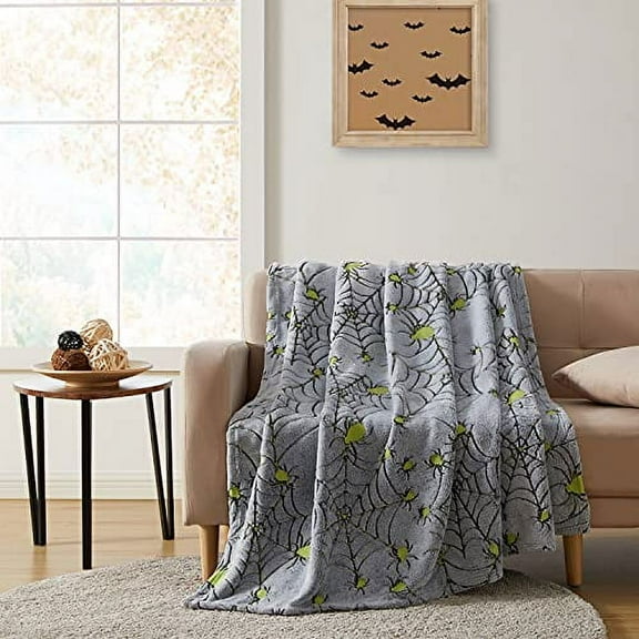 Serafina Home Halloween Glow in The Dark Throw Blanket: Spiders and Webs on Grey Velvet Fleece for Sofa Bed Couch Chair Dorm