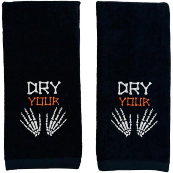 Serafina Home Halloween Hand Bathroom Towels Set of 2 - Black Cotton Embroidered Skeleton “Dry Your Hands” - 16 x 25” Perfect Fall Bath Home Decor