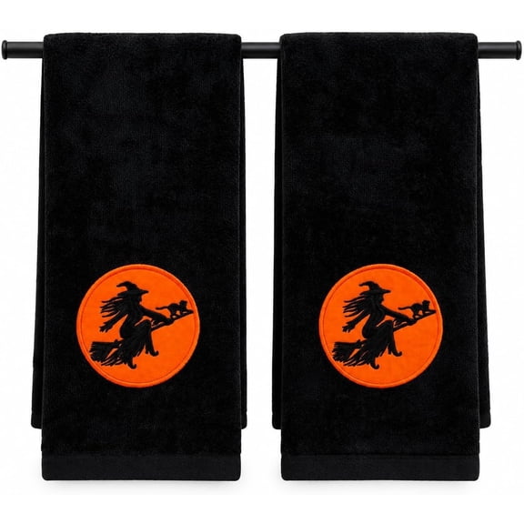 Serafina Home Halloween Hand Bathroom Towels Decor: Witch Flying In The Moon Black Plush Velour Cotton Embroidered Design 16 x 25, Set of 2