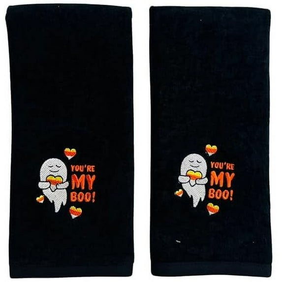 Serafina Home Halloween Hand Bathroom Towels Decor: You're My Boo Ghost Black Plush Velour Cotton Embroidered Design 16 x 25, Set of 2