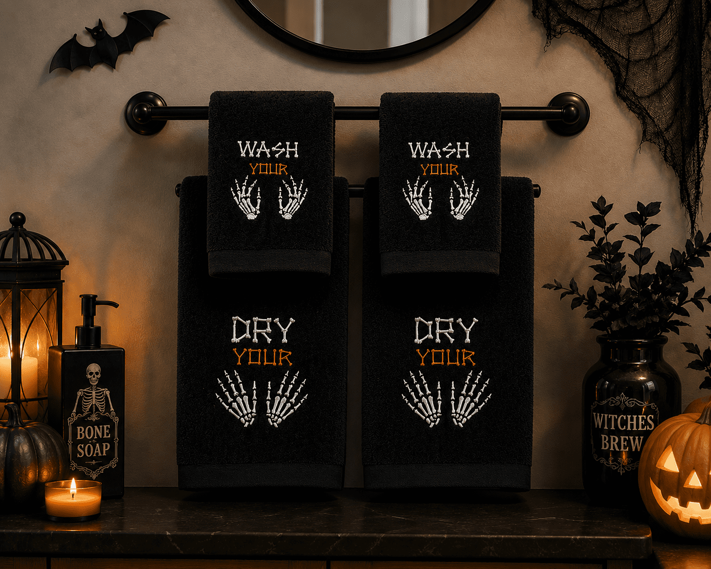 Serafina Home Halloween Hand & Fingertip Bathroom Bundle 4 Pc Set - Black Cotton Embroidered Skeleton Wash/Dry Your Hands - 16 x 25, 12 x 18 Fall Bath Home Decor