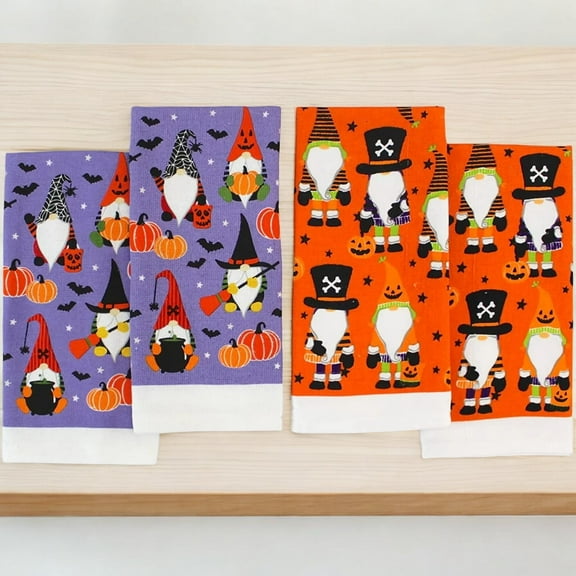 Serafina Home Halloween Kitchen Dish Towel Set: Funny Dressed Up Gnomes in Costume on Orange and Purple Background