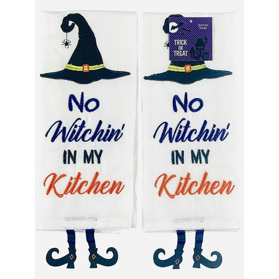 Serafina Home Halloween Kitchen Hand Towel Set: Fun Party No Witchin' in My Kitchen Humor with Witch Feet Dangle (Multi)