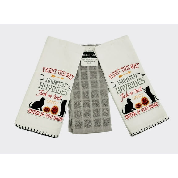Serafina Home Halloween Kitchen Hand Towels: Fright This Way to Playful Cats and Jack O' Lanterns If You Dare, Flour Sack Cotton with Embroidery (Multi Grey)