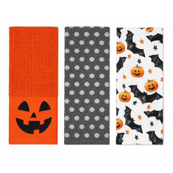Serafina Home Haunted Halloween Kitchen Hand Dish Towel Set: Jack O' Lantern Orange Terry Loop, Raised White Dot Terry Loop, Printed Bat Pumpkin Designs, 100% Cotton Towels, 3 Pc Set
