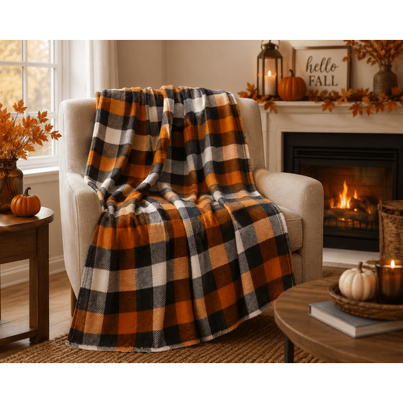 Serafina Home Halloween Plaid Blanket Throw: Orange Black White Farmhouse Tartan Print on Velvet Fleece for Sofa Bed Couch Chair Dorm