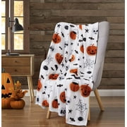 Serafina Home Halloween Throw Blanket: Fuzzy Boo! Jack O'Lantern Spider Webs Skull and Black Cats Print on Velvet Fleece for Sofa Bed Couch Chair Dorm