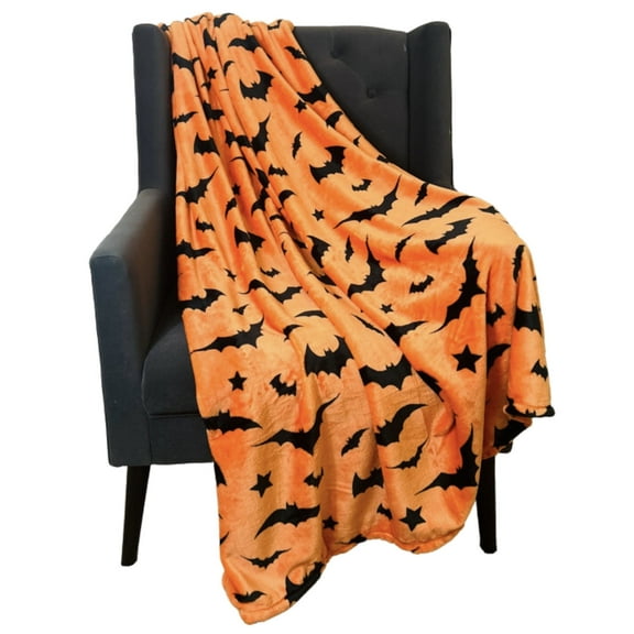 Serafina Home Halloween Throw Blanket: Soft Black Bats Silhouette on Orange Velvet Fleece for Sofa Bed Couch Chair Dorm
