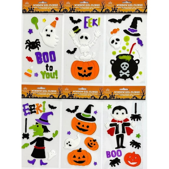 Serafina Home Halloween Window Gel Clings: Ghosts Witch Dracula Skeletons Spiders Trick or Treating Jack O Lanterns Pumpkins Decorations for Home Office Business Windows and More!