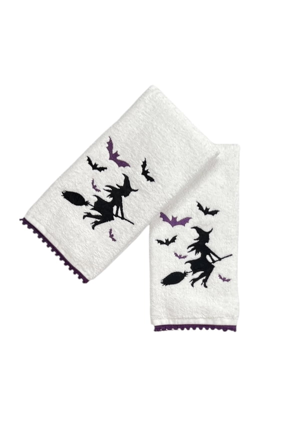 Halloween Bathroom Fingertip Towels Set of 2 – 12" x18” 100% Cotton Flying Witch Design – Festive White Halloween Bath and Kitchen Decor