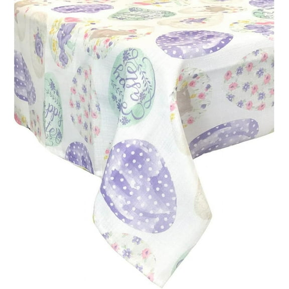 Serafina Home Happy Easter Decorated Eggs Print Fabric Tablecloth: Colorful Ornate Eggs on Ivory Background 60" x 84"