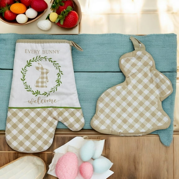 Serafina Home Happy Easter Gingham Bunny Oven Mitt And Potholder Set Of 2