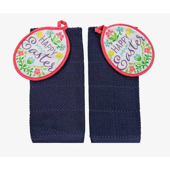 Serafina Home Happy Easter Kitchen Set, Two Purple Kitchen Towels With Decorative Potholder And Oven mitt