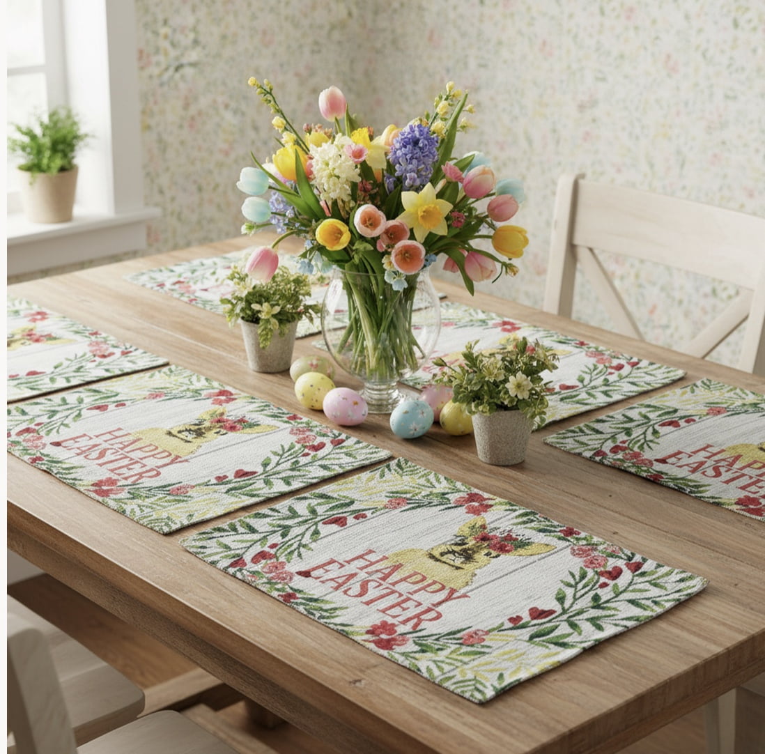 Serafina Home Placemats Happy Easter Bunny Yellow Polyester Rectangular Set of 6 13" x 19"