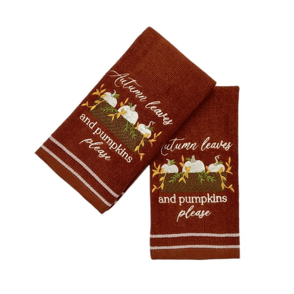 Serafina Home Autumn Fall Bath Fingertip Towels Bathroom Decor Farmhouse Harvest: Rust Dark Orange 100% Cotton Embroidered Autumn Leaves and Pumpkins Please with Stitched Border, 12" x 18", 2 Pc Set