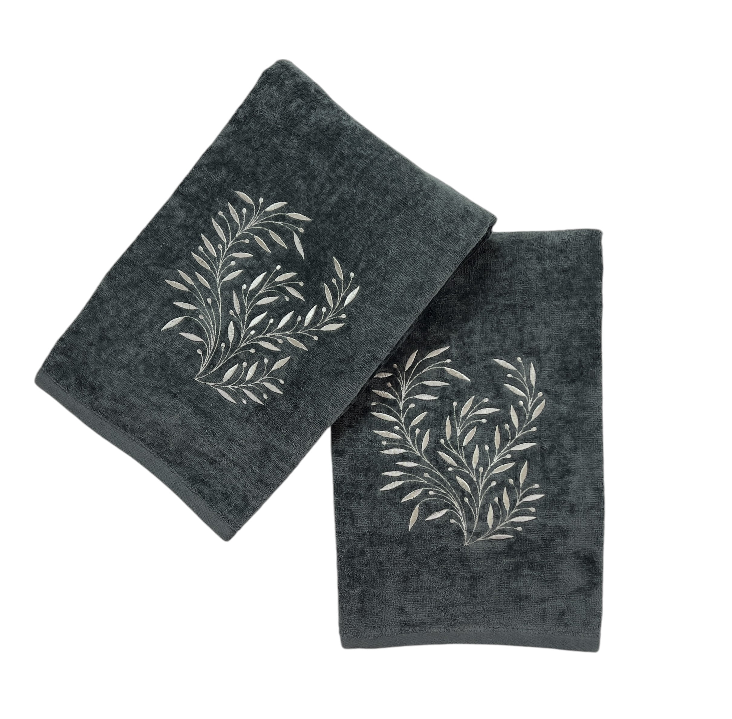Serafina Home Harvest Fall Bath Towels: Grey Gray Cotton Towels with Embroidered Ornate Leaf Design Set of 2
