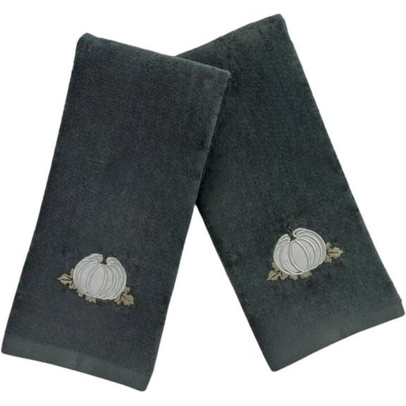 Serafina Home Autumn Fall Bath Hand Towels Bathroom Decor Farmhouse Harvest: Plush Soft Gray Grey 100% Cotton Terry Velour Appliqué and Embroidered Pumpkin Leaf Design 2 Piece Set