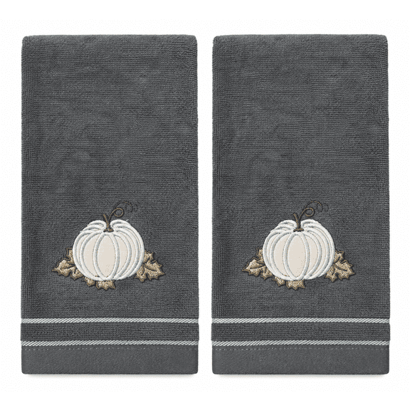 Serafina Home Autumn Fall Bath Hand Towels Bathroom Decor Farmhouse Harvest: Plush Soft Gray Grey 100% Cotton Terry Velour Appliqué and Embroidered Pumpkin Leaf Design 2 Piece Set