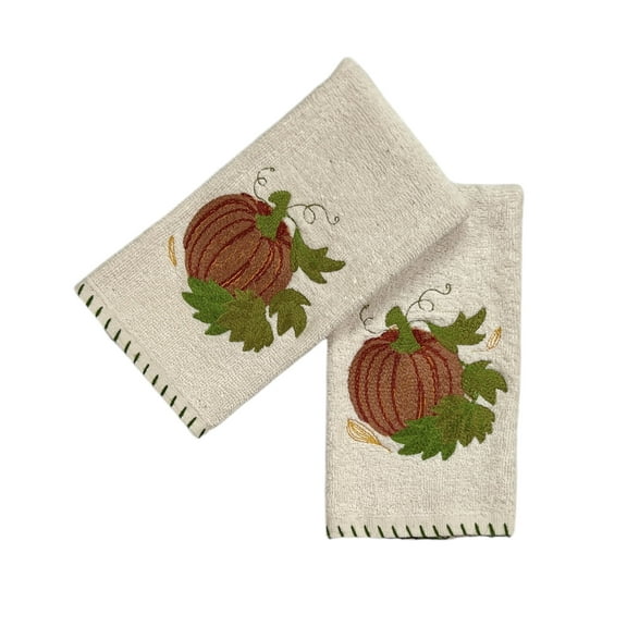 Serafina Home Fall Bathroom Fingertip Towels – Set of 2 Cream White 100% Cotton Embroidered Pumpkin Vine Design – 12” x 18” Decorative Bath & Kitchen Towels